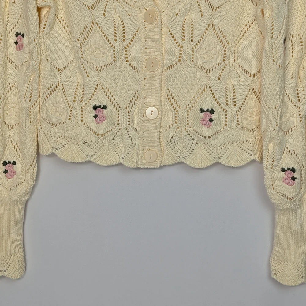 CHELSEA & VIOLET Pointelle Knit Floral Embroidered Button Front Cardigan Sweater - Picture 5 of 12